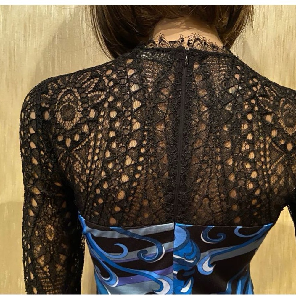 Emilio Pucci Black and Blue Wool Blend Dress w/ Lace Sleeves - Picture 4 of 7